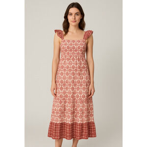 By The River Tiered Midi Dress Womens Small Red Printed Cottagecore Prairie Boho